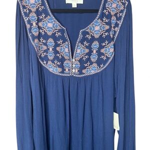 NWT Nurture Plus Size 3X  Top Embroidered Blue Boho Long Sleeve
